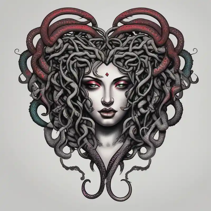 Realistic beautiful Medusa tattoo biting a heart second skin tattoo – Dotwork, Vibrant color